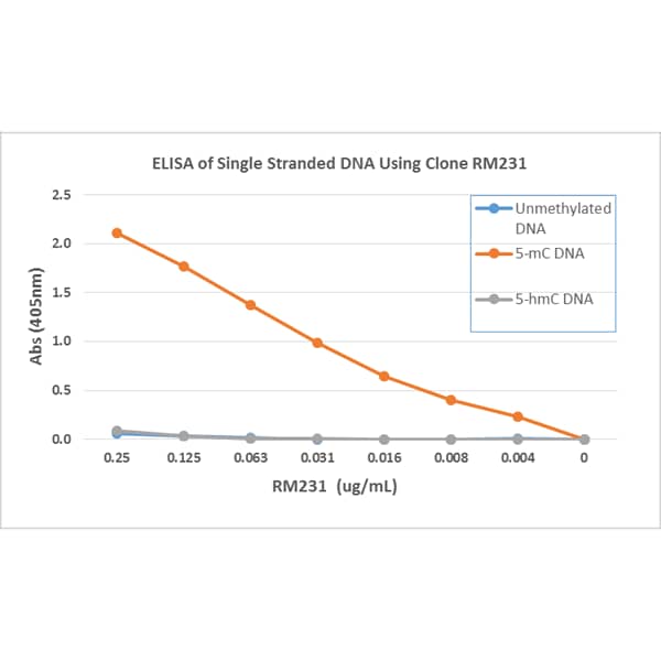 ELISA: 5-MethylCytosine Antibody (RM231) [NBP2-61470] - ELISA of single stranded DNA using NBP2-61470. The plate was coated with streptavidin and then biotinylated single stranded unmethylated DNA, 5-Methylcytosine (5-mC) DNA, and 5-Hydroxymethylcytosine (5-hmC) DNA. A serial dilution of NBP2-61470 was used as the primary antibody, and an alkaline phosphatase conjugated anti-Rabbit IgG as the secondary antibody.