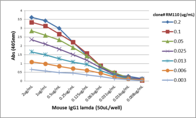 ELISA: Lambda Light Chain Antibody (RM110) - Azide and BSA Free [NBP2-61910] - A titer ELISA of mouse IgG1 lambda. The plate was coated with different amounts of mouse IgG1 lambda. A serial dilution of RM110 was used as the primary antibody. An alkaline phosphatase conjugated anti-rabbit IgG as the secondary antibody.
