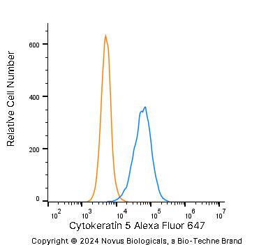 An intracellular stain was performed on A431 human skin carcinoma cell line using Rabbit anti-Cytokeratin 5 Affinity Purified Polyclonal Antibody conjugated to Alexa Fluor® 647 (Catalog # NBP2-61931AF647, blue histogram) or matched control antibody (Catalog # NBP2-24981AF647, orange histogram) at 2.5 µg/mL for 30 minutes at RT.