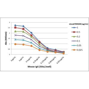 ELISA: IgG Fc Antibody (RMG06) - Azide and BSA Free [NBP2-62017B] - A titer ELISA of mouse IgG. The plate was coated with different amounts of mouse IgG. A serial dilution of RMG06 was used as the primary antibody. An alkaline phosphatase conjugated anti-goat IgG as the secondary antibody.