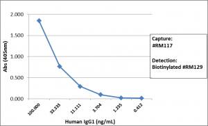 ELISA: IgG1 Antibody (RM117) [Biotin] [NBP2-62028B] - Sandwich ELISA using NBP2-62028B as the capture antibody, and biotinylated anti-human light chains (kappa + lambda) antibody as the detection antibody, followed by an AP conjugated streptavidin.