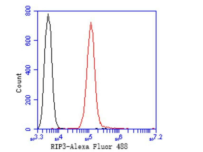 Flow Cytometry: Nrf2 [p Ser40] Antibody (SU0334) [NBP2-67465] -Analysis of RIP3 was done on SW620 cells. The cells were fixed, permeabilized and stained with the primary antibody (1/50) (red). After incubation of the primary antibody at room temperature for an hour, the cells were stained with a Alexa Fluor 488-conjugated Goat anti-Rabbit IgG Secondary antibody at 1/1000 dilution for 30 minutes.Unlabelled sample was used as a control (cells without incubation with primary antibody; black).