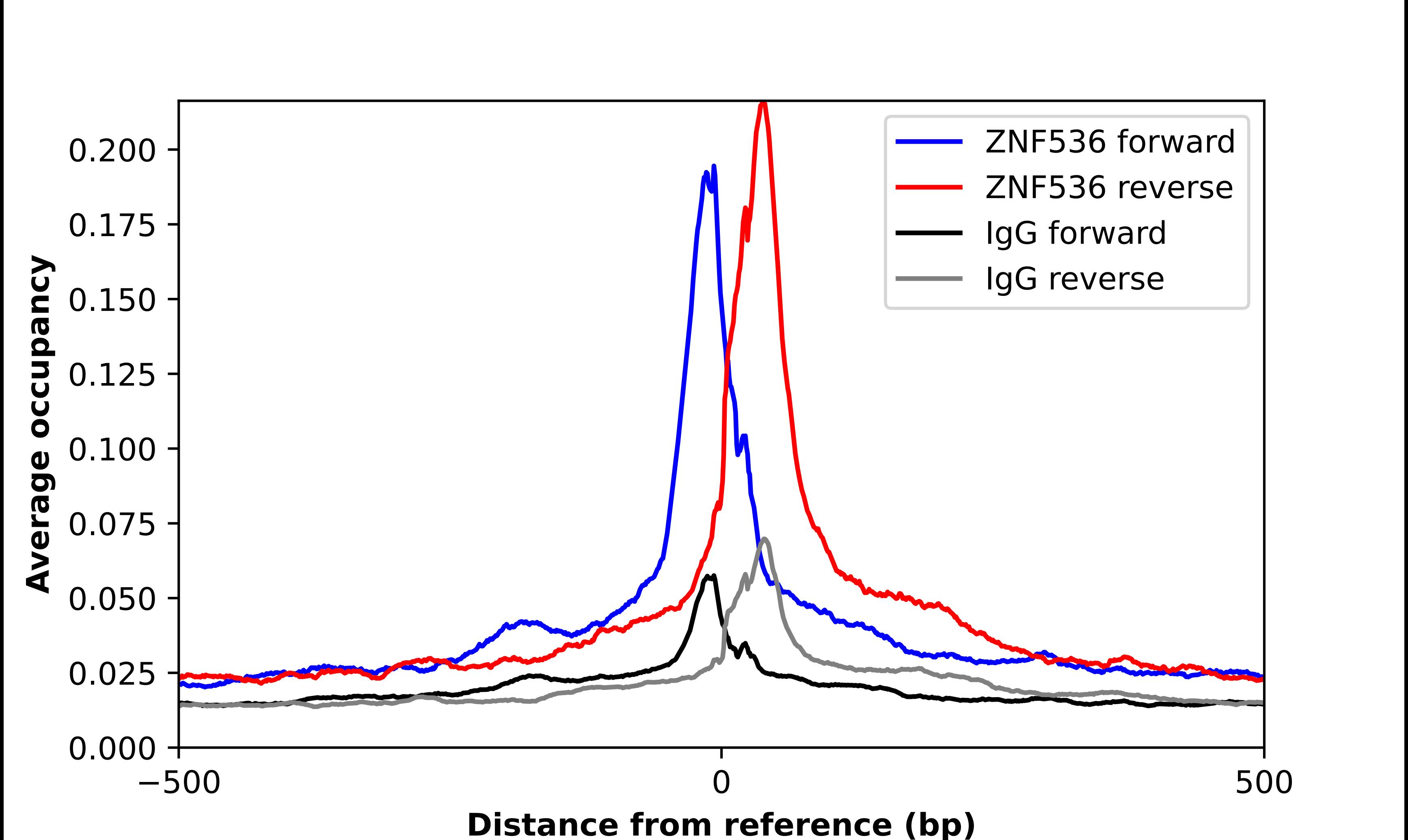 ChIP-Exo-Seq composite graph for Anti-ZNF536 tested in K562 cells. Strand-specific reads (blue: forward, red: reverse) and IgG controls (black: forward, grey: reverse) are plotted against the distance from a composite set of reference binding sites. The antibody exhibits robust target enrichment compared to a non-specific IgG control and precisely reveals its structural organization around the binding site. Data generated by Prof. B. F. Pugh's Lab at Cornell University.