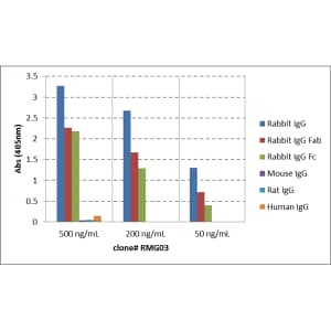 ELISA: IgG Antibody (RMG03) - Azide and BSA Free [NBP2-77395] - ELISA of IgGs from different species shows RMG03 reacts to rabbit IgG; no cross reactivity with human IgG, rat IgG, or mouse IgG. The plate was coated with 50 ng/well of different IgG. 500 ng/mL, 200 ng/mL, or 50 ng/mL of RMG03 was used as the primary antibody. An alkaline phosphatase conjugated anti-goat IgG as the secondary antibody.
