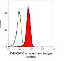 Flow Cytometry: CD155/PVR Antibody (BLR074G) [NBP2-78711] -: Rabbit anti-PVR/CD155recombinant monoclonal antibody [BLR074G] or isotype control (unshaded). Secondary: DyLight® 488-conjugated goat anti-rabbit IgG. 