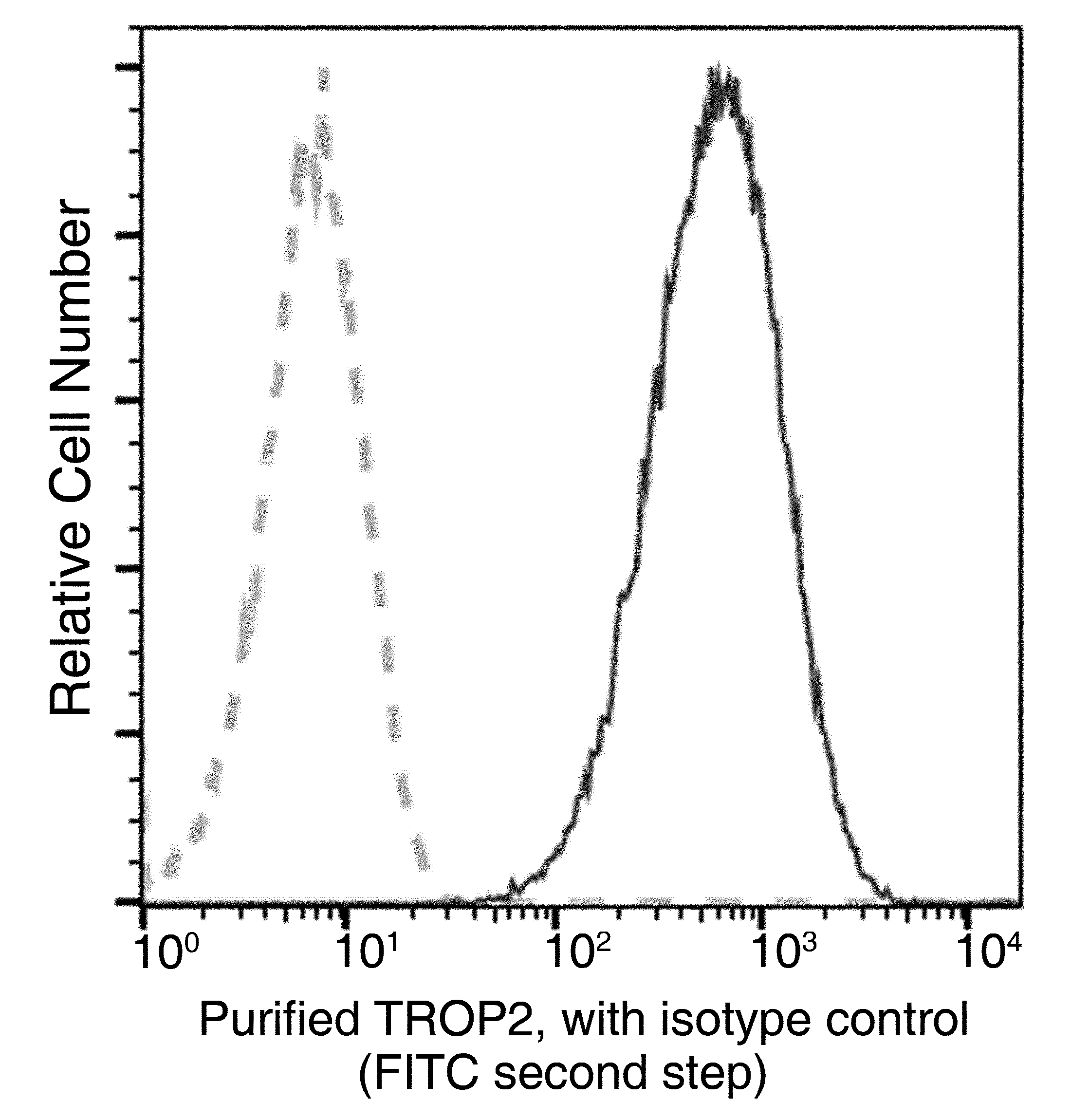 Flow Cytometry: TROP-2 Antibody (001) [NBP2-89492] - Flow cytometric analysis of human TROP-2 expression on NCI-N87 cells. Cells were stained with NBP2-89492, then a FITC-conjugated second step antibody. The histogram were derived from gated events with the forward and side light-scatter characteristics of intact cells.