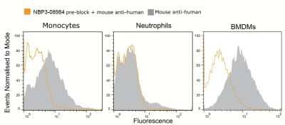 Ex vivo murine (C57BL6/J) monocytes and neutrophils (from zymosan-elicited peritoneal exudate, left and middle panel) as well as bone marrow-derived macrophages (BMDMs, right panel) were stained with a murine anti-human antibody (fluorescently labelled (AF647) human-specific anti-CD16) with or without pre-incubation with anti-mouse CD16/CD32 (Fc-receptors) antibody (NBP3-08984, clone 2.4G2). Pre-incubation of cells with anti-CD16/CD32 reduced non-specific binding of the fluorescently labelled antibody to all cell types analysed and shows that this anti-CD16/CD32 antibody acts as an Fc-blocking reagent.