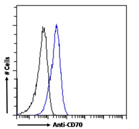 Flow Cytometry: CD27 Ligand/TNFSF7/CD70 Antibody (TAN1-6) - Chimeric - Azide and BSA Free [NBP3-09030] - Paraformaldehyde fixed mouse splenocytes permeabilized with 0.5% Triton were stained with anti-unknown specificity antibody (isotype control, black line) or NBP3-09030 (blue line) at a dilution of 1:100 for 1h at RT. After washing, the bound antibody was detected using a goat anti-rabbit IgG AlexaFluor 488 antibody at a dilution of 1:1000 and cells analyzed using a FACSCanto flow-cytometer.