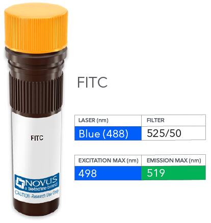 CD4 Antibody (EDU-2) [FITC] [NBP3-11421F] - Vial of FITC conjugated antibody. FITC is optimally excited at 498 nm by the Blue laser (488 nm) and has an emission maximum of 519 nm.