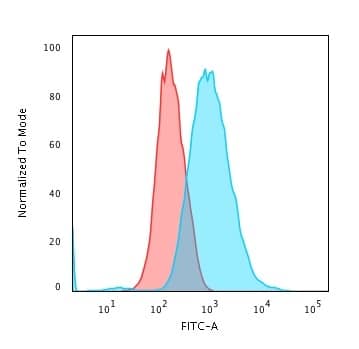Flow Cytometric Analysis of trypsinized methanol-fixed HeLa cells using Cytokeratin 7 Antibody (KRT7/903) - Azide and BSA Free followed by goat anti-Mouse IgG-CF488 (Blue); Isotype Control (Red).