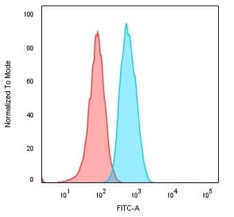 Flow Cytometric Analysis of Human Raji cells. CD74 Antibody (CLIP/813) - Azide and BSA Free followed by goat anti-Mouse IgG-CF488 (Blue). Isotype Control (Red).