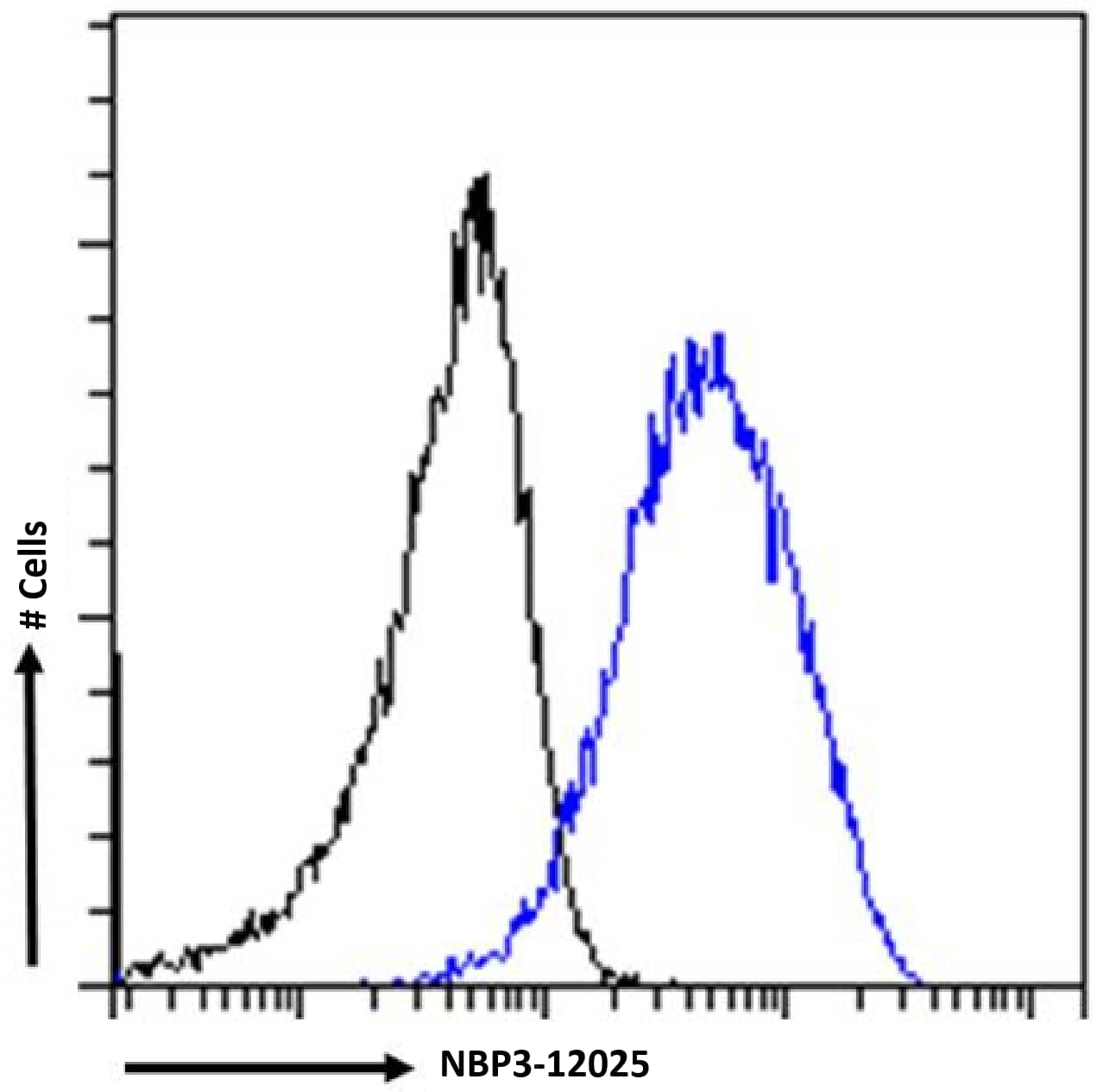 Flow Cytometry: CD40 Ligand/TNFSF5 Antibody (chi220) - Chimeric - Azide and BSA Free [NBP3-12025] - Daudi cells were fixed using 2% PFA and stained with anti-unknown specificity antibody (isotype control, black line) or NBP3-12025 (blue line) at a dilution of 1:100 for 1h at RT. After washing, the bound antibody was detected using a goat anti-rabbit IgG AlexaFluor 488 antibody at a dilution of 1:1000 and cells analyzed using a FACSCanto flow-cytometer.