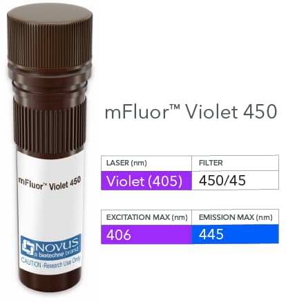CD98 Antibody (RL388) [mFluor Violet 450 SE] [NBP3-12036MFV450] - Vial of mFluor Violet 450 conjugated antibody. mFluor Violet 450 is optimally excited at 406 nm by the Violet laser (405 nm) and has an emission maximum of 445 nm.