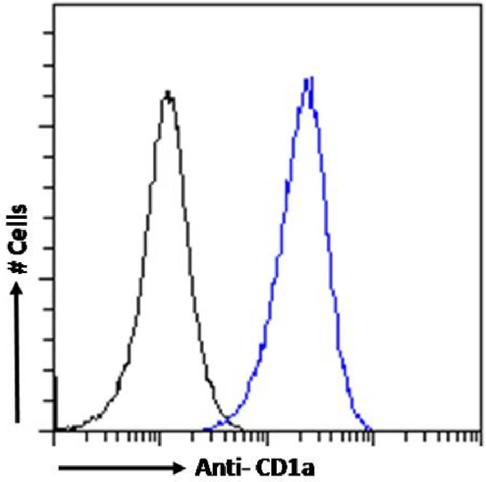 Flow Cytometry: CD1a Antibody (CBT6) - Chimeric - Azide and BSA Free [NBP3-12071] - Molt4 cells were fixed using 2% PFA and stained with anti-unknown specificity antibody (isotype control, black line) or NBP3-12071 (blue line) at a dilution of 1:100 for 1h at RT. After washing, the bound antibody was detected using a goat anti-rabbit IgG AlexaFluor 488 antibody at a dilution of 1:1000 and cells analyzed using a FACSCanto flow-cytometer.