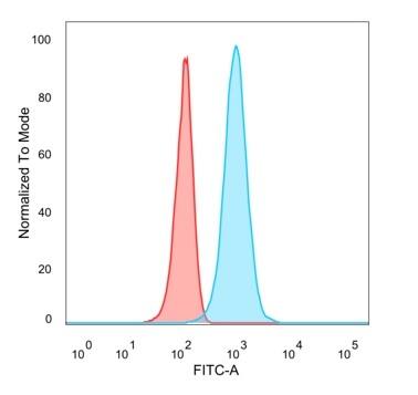 Flow cytometric analysis of PFA-fixed HeLa cells. HOXB2 Antibody (PCRP-HOXB2-1F2) - Azide and BSA Free followed by goat anti-mouse IgG-CF488 (blue); isotype control (red).