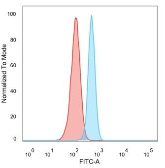 Flow cytometric analysis of PFA-fixed HeLa cells. MED7 Antibody (PCRP-MED7-1B8) - Azide and BSA Free followed by goat anti-mouse IgG-CF488 (blue); isotype control (red).