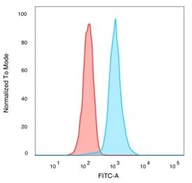 Flow cytometric analysis of PFA-fixed K562 cells. CREB5 Antibody (PCRP-CREB5-1G8) - Azide and BSA Free followed by goat anti-mouse IgG-CF488 (blue); unstained cells (red).