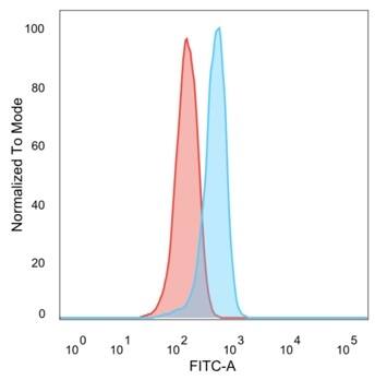Flow cytometric analysis of PFA-fixed U87 cells. SURF5 Antibody (PCRP-MED22-2A7) - Azide and BSA Free followed by goat anti-mouse IgG-CF488 (blue); unstained cells (red).