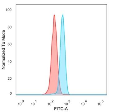 Flow cytometric analysis of PFA-fixed HeLa cells. MEF2B Antibody (PCRP-MEF2B-2F9) - Azide and BSA Free followed by goat anti-mouse IgG-CF488 (blue), unstained cells (red).