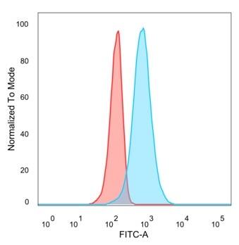 Flow Cytometric Analysis of PFA-fixed U87 cells CUGBP2 Antibody (PCRP-CELF2-1E4) - Azide and BSA Freefollowed by goat anti-mouse IgG-CF488 (blue); unstained cells (red).
