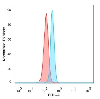 Flow cytometric analysis of PFA-fixed HeLa cells. Sirtuin 1/SIRT1 Antibody (PCRP-SIRT1-1E11) - Azide and BSA Free followed by goat anti-mouse IgG-CF488 (blue); isotype control (red).