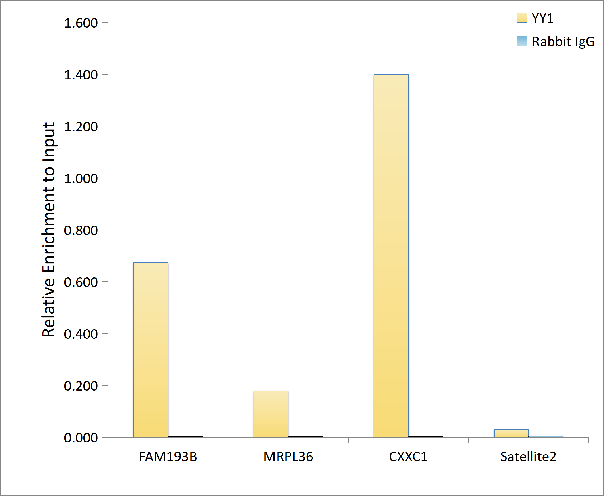 Chromatin Immunoprecipitation: YY1 Antibody (6J6L1) [YY1] - Chromatin immunoprecipitation analysis of extracts of 293T cells, using YY1 antibody  and rabbit IgG.The amount of immunoprecipitated DNA was checked by quantitative PCR. Histogram was constructed by the ratios of the immunoprecipitated DNA to the input.