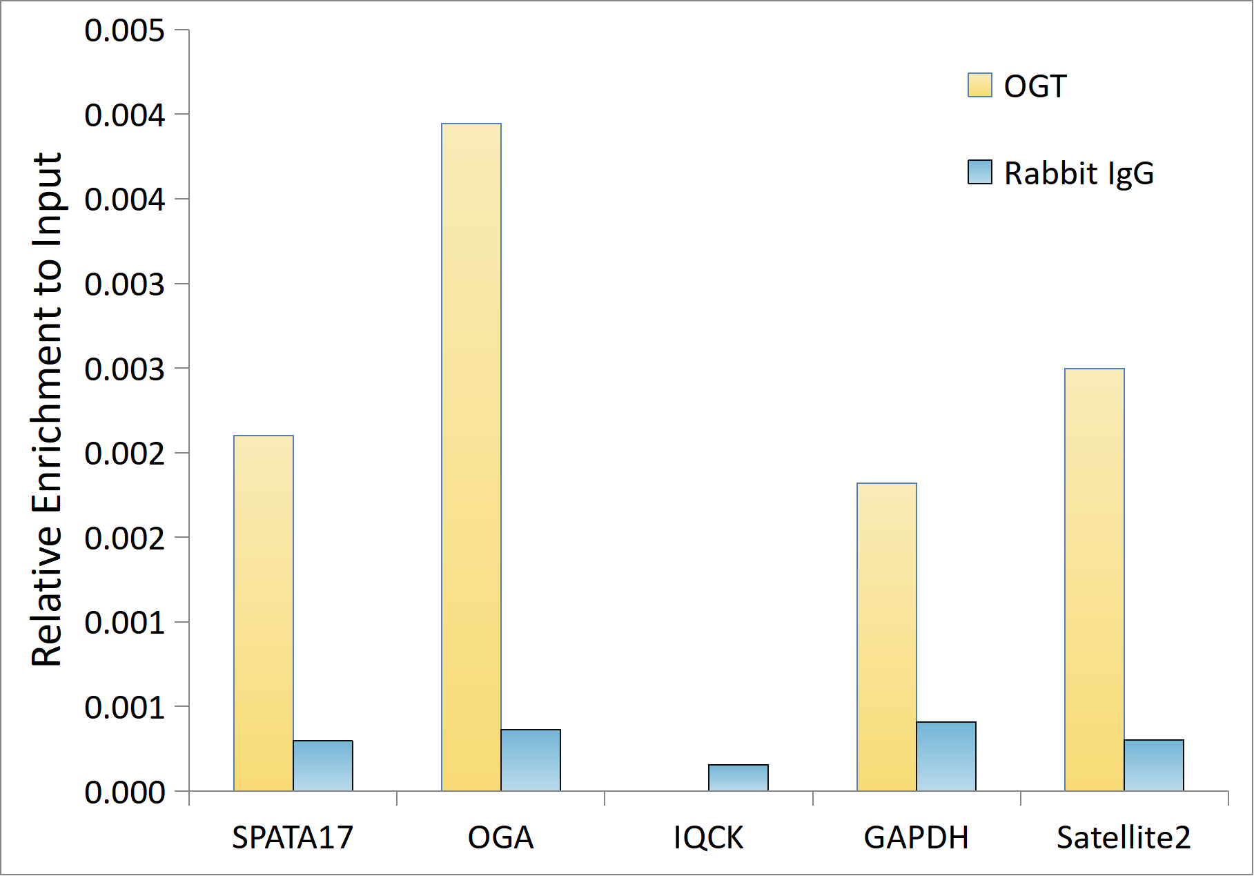 Chromatin Immunoprecipitation: O-GlcNAc Transferase p110 subunit Antibody (3Q9B8) [NBP3-16203] - Chromatin immunoprecipitation analysis of extracts of 293T cells, using O-GlcNAc Transferase p110 subunit Rabbit mAb antibody and rabbit IgG.The amount of immunoprecipitated DNA was checked by quantitative PCR. Histogram was constructed by the ratios of the immunoprecipitated DNA to the input.