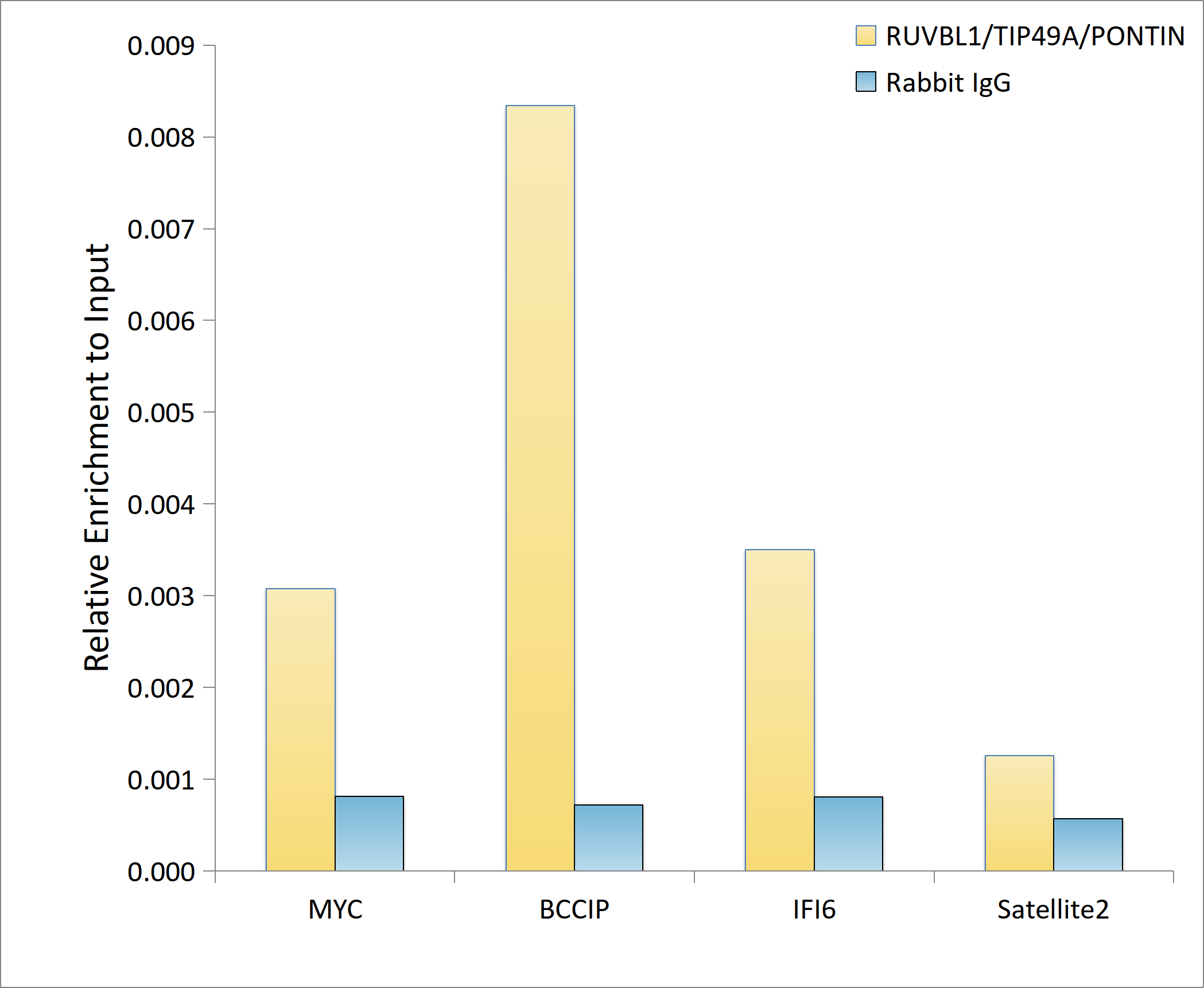 Chromatin Immunoprecipitation: RUVBL1 Antibody (7Q2U8) [RUVBL1] - Chromatin immunoprecipitation analysis of extracts of HepG2 cells, using RUVBL1 Rabbit mAb antibody  and rabbit IgG.The amount of immunoprecipitated DNA was checked by quantitative PCR. Histogram was constructed by the ratios of the immunoprecipitated DNA to the input.
