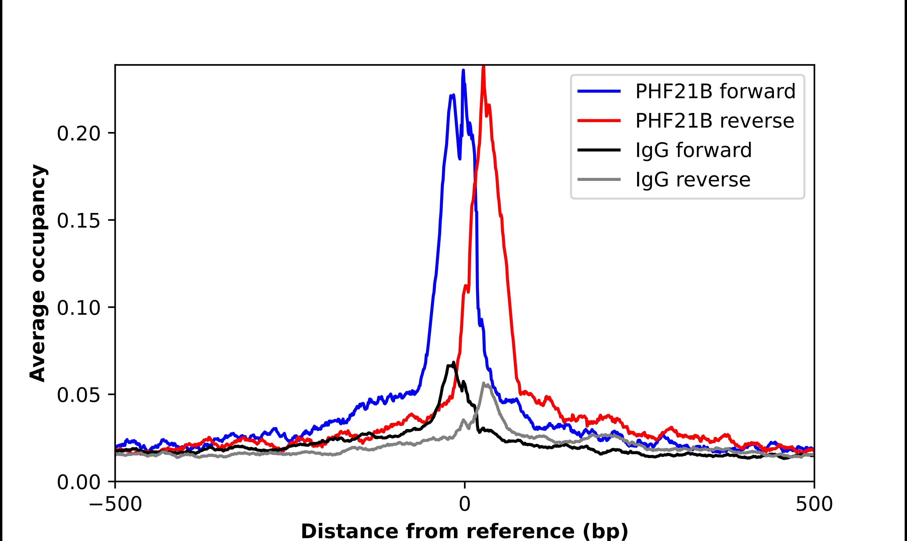 ChIP-Exo-Seq composite graph for Anti-PHF21B (NBP3-17085) tested in K562 cells. Strand-specific reads (blue: forward, red: reverse) and IgG controls (black: forward, grey: reverse) are plotted against the distance from a composite set of reference binding sites. The antibody exhibits robust target enrichment compared to a non-specific IgG control and precisely reveals its structural organization around the binding site. Data generated by Prof. B. F. Pugh´s Lab at Cornell University.