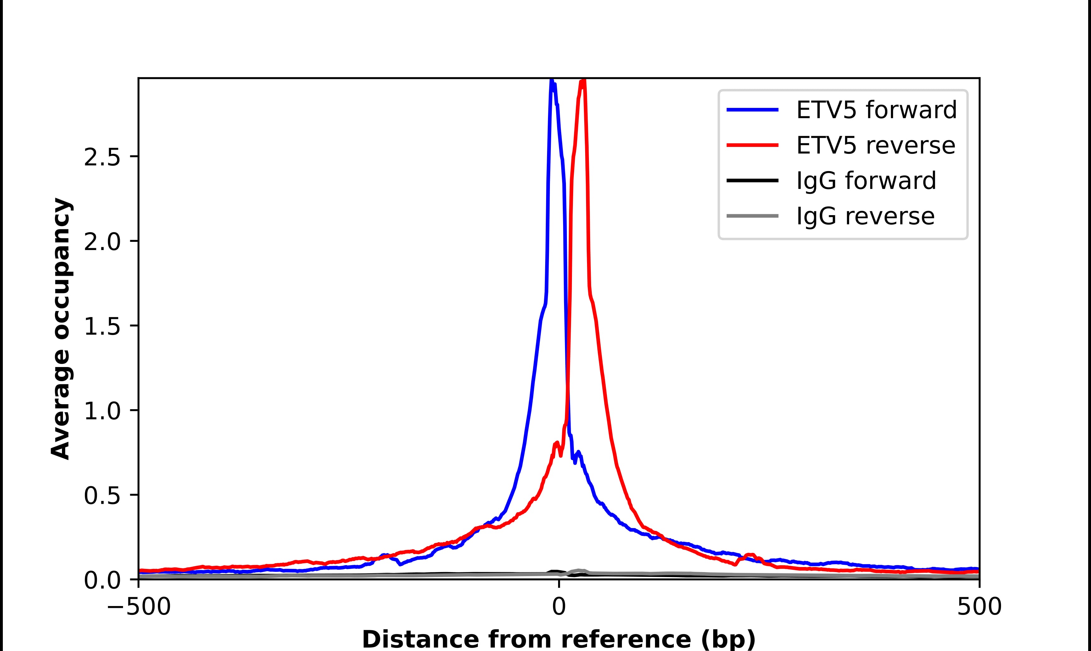 ChIP-Exo-Seq composite graph for Anti-ETV5 (NBP3-17656) tested in K562 cells. Strand-specific reads (blue: forward, red: reverse) and IgG controls (black: forward, grey: reverse) are plotted against the distance from a composite set of reference binding sites. The antibody exhibits robust target enrichment compared to a non-specific IgG control and precisely reveals its structural organization around the binding site. Data generated by Prof. B. F. Pugh´s Lab at Cornell University.