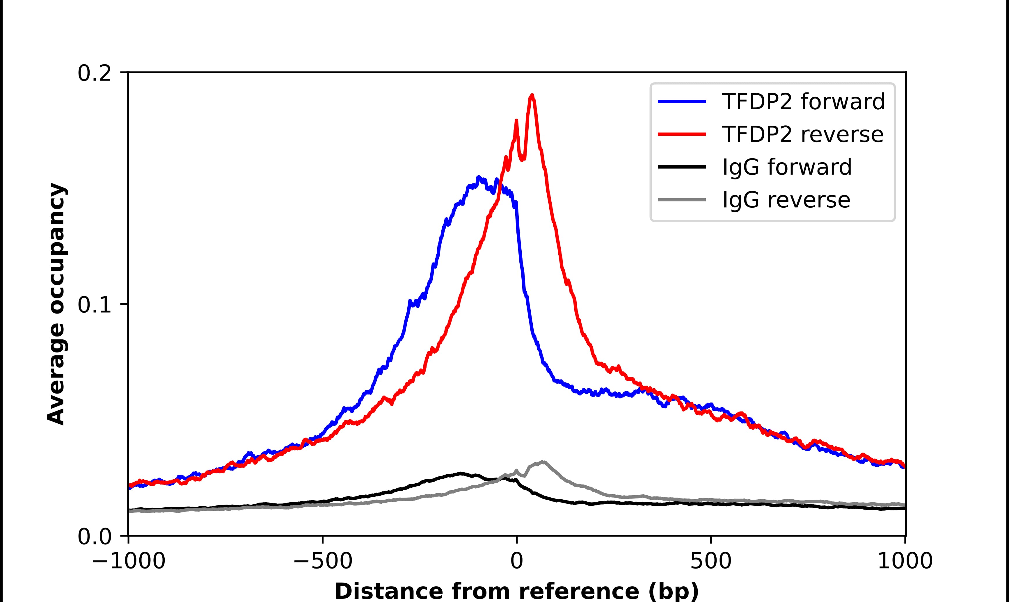 ChIP-Exo-Seq composite graph for Anti-TFDP2 (NBP3-17703) tested in K562 cells. Strand-specific reads (blue: forward, red: reverse) and IgG controls (black: forward, grey: reverse) are plotted against the distance from a composite set of reference binding sites. The antibody exhibits robust target enrichment compared to a non-specific IgG control and precisely reveals its structural organization around the binding site. Data generated by Prof. B. F. Pugh´s Lab at Cornell University.