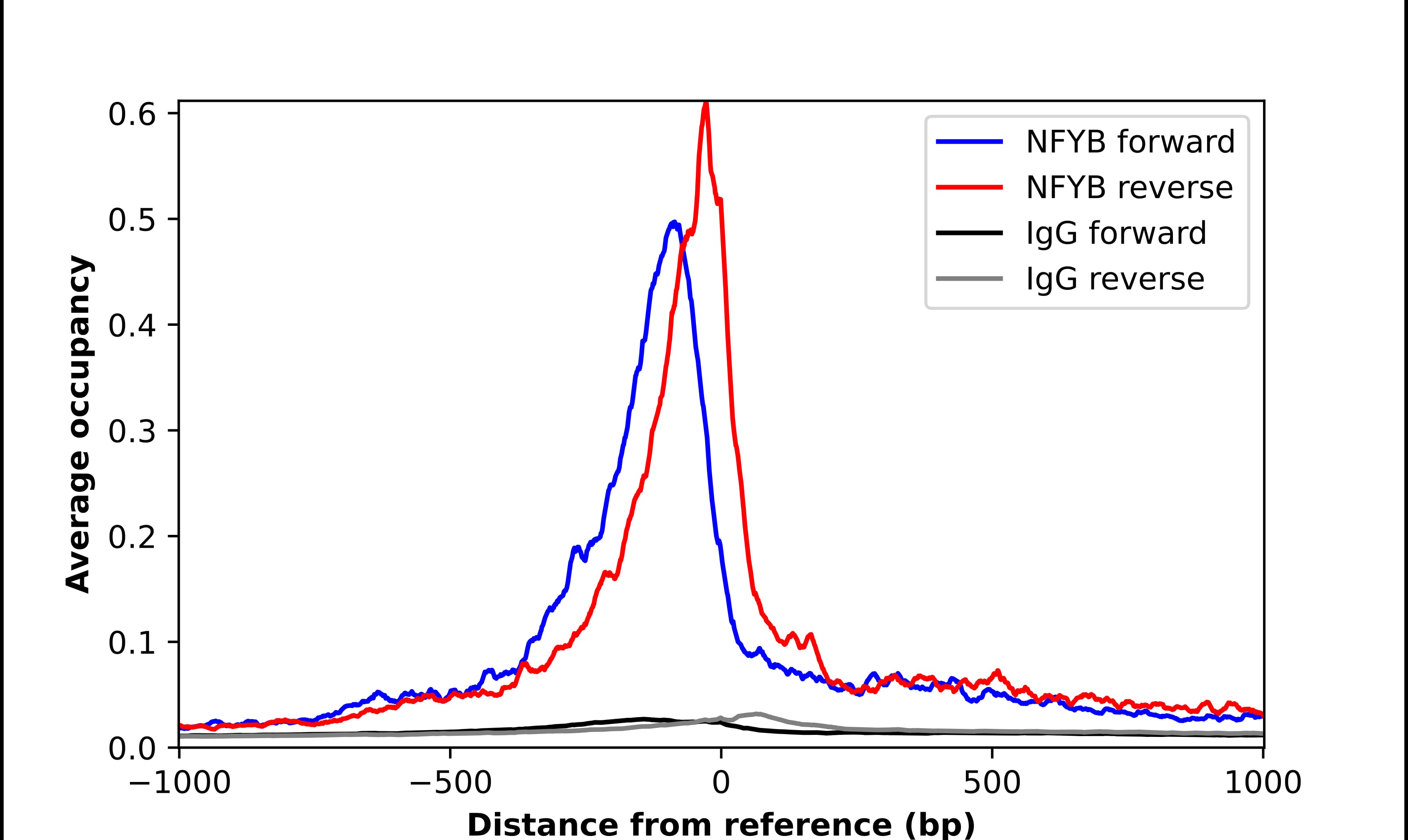 ChIP-Exo-Seq composite graph for Anti-NFYB (NBP3-17745) tested in K562 cells. Strand-specific reads (blue: forward, red: reverse) and IgG controls (black: forward, grey: reverse) are plotted against the distance from a composite set of reference binding sites. The antibody exhibits robust target enrichment compared to a non-specific IgG control and precisely reveals its structural organization around the binding site. Data generated by Prof. B. F. Pugh´s Lab at Cornell University.