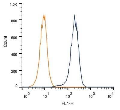 Intracellular flow cytometric staining of 1 x 10^6 HEK-293 cells using SIRT1 antibody (dark blue). Isotype control shown in orange. An antibody concentration of 1 ug/1x10^6 cells was used.