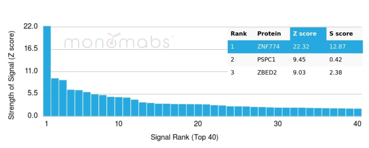 Analysis of Protein Array containing more than 19,000 full-length human proteins using Zinc finger protein 774 Mouse Monoclonal Antibody (PCRP-ZNF774-3F7). 