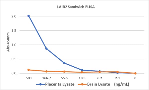 Sandwich ELISA: LAIR2 Antibody Pair [Biotin] [NBP3-23467] - Detection of LAIR2 in human Placenta and brain tissue lysates.