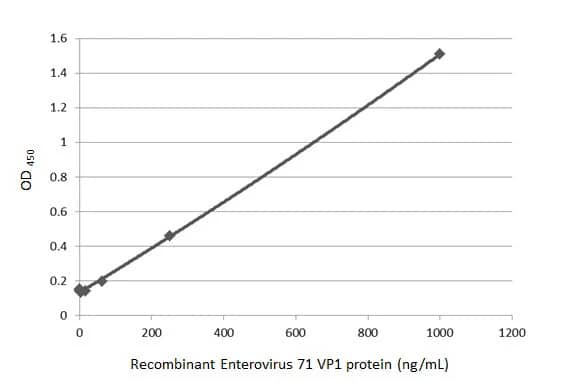 ELISA: Enterovirus 71 VP1 Antibody (HL1929) - Azide and BSA Free [NBP3-25451] - Sandwich ELISA detection of recombinant full-length Enterovirus 71 VP1 protein using antibodies as below. Capture: Enterovirus 71 VP1 antibody [HL1929] (NBP3-25451) (5 ug/mL) Detection: HRP-conjugated Enterovirus 71 VP1 antibody [HL1928] (NBP3-25450) (1 ug/mL) Please notice that NBP3-25450 needs to be conjugated to HRP to function as the detection antibody when paired with NBP3-25451. Please contact us for custom HRP-conjugated antibody.
