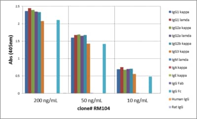 ELISA: IgG Antibody (RM104) - Azide and BSA Free [NBP3-25949] - ELISA of mouse immunoglobulins shows RM104 reacts to the Fc region of mouse IgG1, IgG2a, IgG2b, and IgG3; no cross reactivity with IgM, IgA, IgE, human or rat IgG. The plate was coated with 50 ng/well of different immunoglobulins. 200 ng/mL, 50 ng/mL, or 10 ng/mL of RM104 was used as the primary antibody. An alkaline phosphatase conjugated anti-rabbit IgG as the secondary antibody.