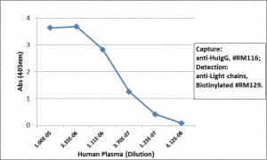 Sandwich ELISA: IgG Heavy Chain Antibody (RM116) - Azide and BSA Free [NBP3-25964] - Sandwich ELISA using Clone RM116 as the capture antibody (100ng/well), and NBP3-18532 as the detection antibody (1ug/mL), followed by an alkaline phosphatase conjugated streptavidin.