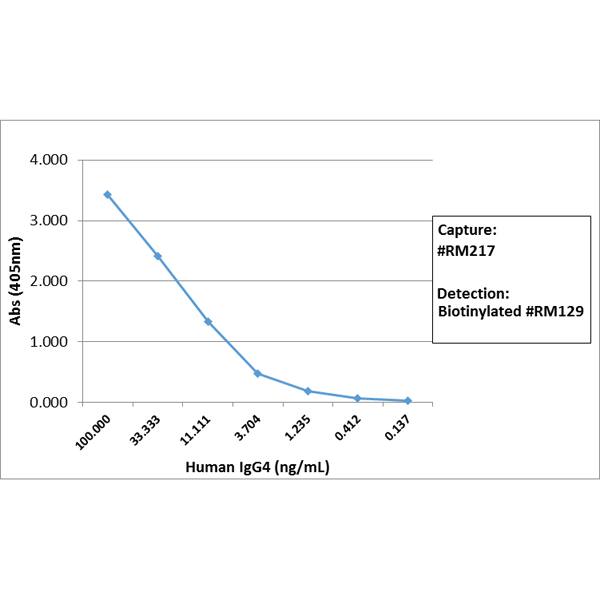ELISA: IgG4 Fc Antibody (RM217) [NBP3-25978] - Sandwich ELISA using biotinylated RM217 (NBP2-62127B) as the capture  antibody, and biotinylated anti-human light chains (kappa + lambda) antibody as the detection antibody, followed by an AP conjugated streptavidin.