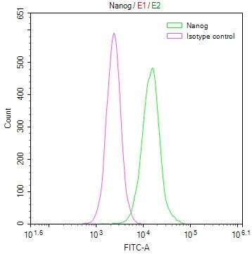 Flow Cytometry: Nanog Antibody (2G6) [NBP3-26119] - Overlay Peak curve showing Hela cells stained with Nanog Antibody (2G6) (red line) at 1:50. The cells were fixed in 4% formaldehyde and permeated by 0.2% Triton X-100. Then 10% normal goat serum to block non-specific protein-protein interactions followed by the antibody (1ug/1*10^6 cells) for 45min at 4C. The secondary antibody used was FITC-conjugated Goat Anti-rabbit IgG (H+L) at 1:200 dilution for 35min at 4C. Control antibody (green line) was rabbit IgG (1ug/1*10^6 cells) used under the same conditions. Acquisition of >10,000 events was performed.