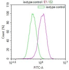 Flow Cytometry: JNK3 Antibody (29E10) [NBP3-26149] - Overlay Peak curve showing PC3 cells stained with JNK3 Antibody (29E10) (red line) at 1:100. The cells were fixed in 4% formaldehyde and permeated by 0.2% Triton X-100. Then 10% normal goat serum to block non-specific protein-protein interactions followed by the antibody (1ug/1*10^6 cells) for 45min at 4C. The secondary antibody used was FITC-conjugated Goat Anti-rabbit IgG (H+L) at 1:200 dilution for 35min at 4C. Control antibody (green line) was rabbit IgG (1ug/1*10^6 cells) used under the same conditions. Acquisition of >10,000 events was performed.