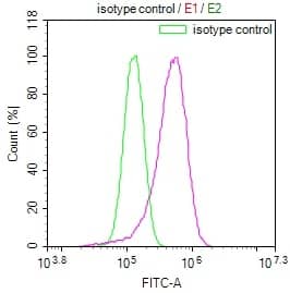 Flow Cytometry: FADS1 Antibody (7A10) [NBP3-26590] - Overlay Peak curve showing HepG2 cells stained with FADS1 Antibody (7A10) (red line) at 1:100. The cells were fixed in 4% formaldehyde and permeated by 0.2% Triton X-100. Then 10% normal goat serum to block non-specific protein-protein interactions followed by the antibody (1ug/1*10^6 cells) for 45min at 4C. The secondary antibody used was FITC-conjugated Goat Anti-rabbit IgG (H+L) at 1:200 dilution for 35min at 4C. Control antibody (green line) was rabbit IgG (1ug/1*10^6 cells) used under the same conditions. Acquisition of >10,000 events was performed.