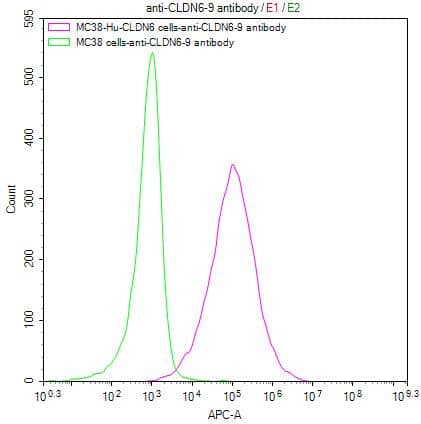 Flow Cytometry: Claudin-6 Antibody (9H8) [NBP3-26651] -Untransfected MC38 cells (green line) and transfected Human CLDN6 MC38 stable cells (red line) were stained with anti-CLDN6/9 antibody (2µg/1*106cells), washed and then followed by APC-conjugated anti-Human IgG Fc antibody and analyzed with flow cytometry.