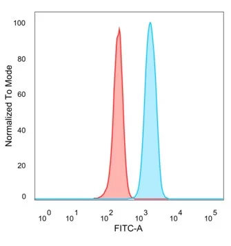 Flow Cytometric Analysis of PFA-fixed HeLa cells. SMCX Antibody (PCRP-KDM5C-1A11) followed by goat anti-mouse IgG-CF488 (blue); unstained cells (red).