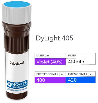 Vial of DyLight 405 conjugated antibody. DyLight 405 is optimally excited at 401 nm by the Violet laser (405 nm) and has an emission maximum of 421 nm.