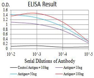 ELISA: Nicotinic Acetylcholine R alpha 2/CHRNA2 Antibody (7G12D10) [NBP3-27125] - Black line: Control Antigen (100 ng); Purple line: Antigen (10 ng); Blue line: Antigen (50 ng); Red line: Antigen (100 ng)