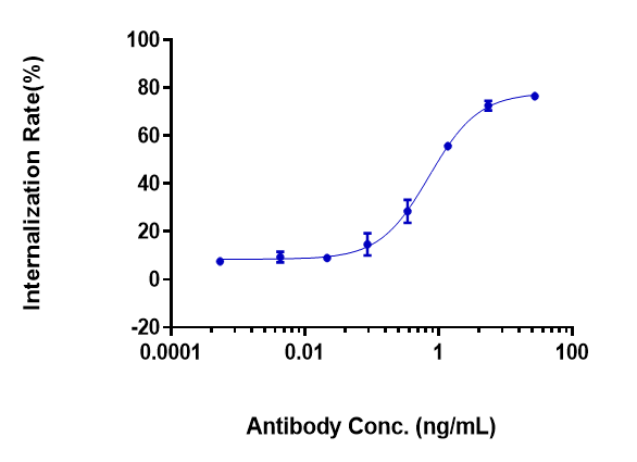 The endocytosis ratio  farletuzumab by Human Fr alpha  HEK 293 increased with the increase of antibody concentration, and the Internalization Rate (%) reached 75% at antibody concentration of 55 ng/mL.