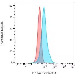 Flow Cytometry: Human Axl mAb (mipasetamAb) [PE] [NBP3-28443PE] - Axl expression on human monocyte-derived macrophages. The macrophages were treated with Axl PE (mipasetamab) antibody (blue), diluted 1:100, or human IgG1 PE isotype control antibody (red) for 30 minutes on ice. Image from a verified customer review.