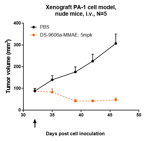 DS-9606a inhibited the tumor growth of PA-1 on Balb/c nude mice. The result showed significant anti-tumor effects, with an tumor inhibition rate (TGI) of 84.7% at 5 mpk at D46.