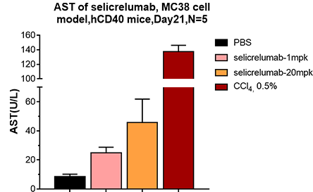 Compared with the negative control group, selicrelumab had a significant increase in serum ALT content at a dose of 20 mpk, and a trend of increase in serum ALT at a dose of 1 mpk, but there was no statistical difference. AST indexes were all elevated and dose-dependent, but there was no statistical difference.